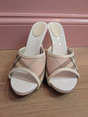 Burberry Nova Check White Pink Plaid Wooden Mules 38